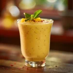 Close-up of a vibrant pineapple mango kefir smoothie in a glass, lit softly with warm natural light.