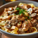 Close-up of a creamy chicken stroganoff dish in a bowl, with tender chicken strips, mushrooms, and a creamy sauce.
