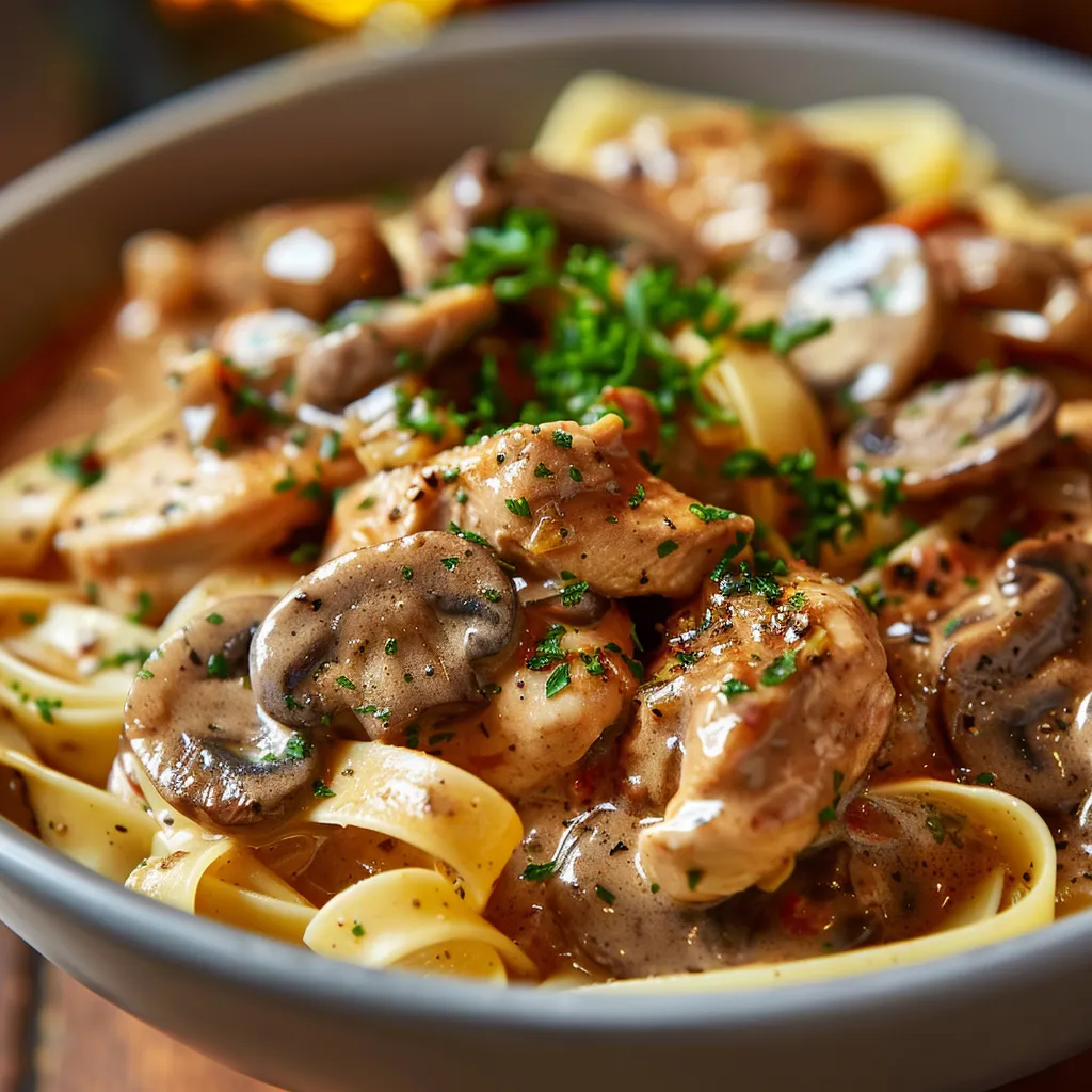 Close-up of a creamy chicken stroganoff dish in a bowl, with tender chicken strips, mushrooms, and a creamy sauce.
