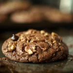 Close-up of a freshly baked chocolate walnut cookie with a golden crust and visible chunks of chocolate and walnuts.