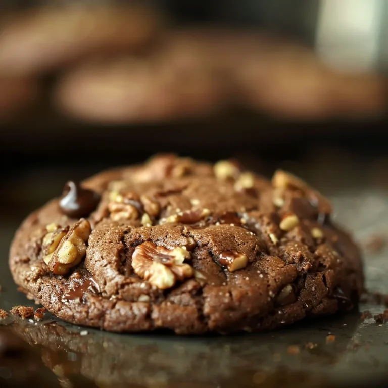 Close-up of a freshly baked chocolate walnut cookie with a golden crust and visible chunks of chocolate and walnuts.