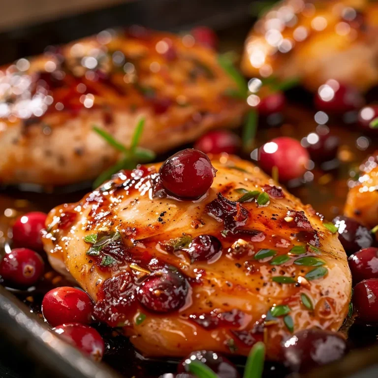 Juicy chicken breasts topped with a vibrant cranberry orange sauce on a rustic plate.