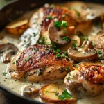 Close-up of herb-roasted chicken thighs in creamy white sauce with mushrooms and sliced potatoes on a plate.