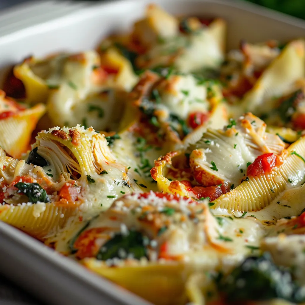 Juicy stuffed pasta shells filled with chicken, spinach, and artichokes, topped with melted cheese.