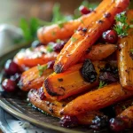 Close-up of roasted carrots glazed with maple syrup and topped with dried cranberries.