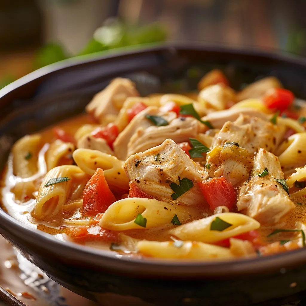 Creamy Cajun Chicken Pasta Soup in a bowl with visible chicken, pasta, and herbs.