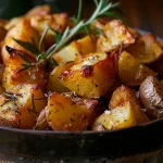 Close-up of golden, crispy roast potatoes garnished with rosemary and garlic.