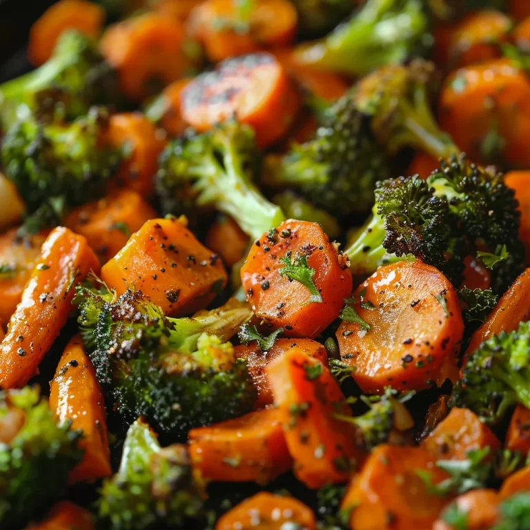 Close-up of roasted broccoli and carrots on a plate, with warm lighting and soft shadows.