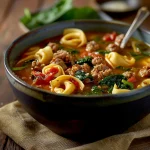 Warm bowl of sausage tortellini soup with spinach, topped with herbs.