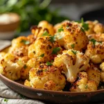 Close-up of roasted cauliflower florets topped with Parmesan and garlic.