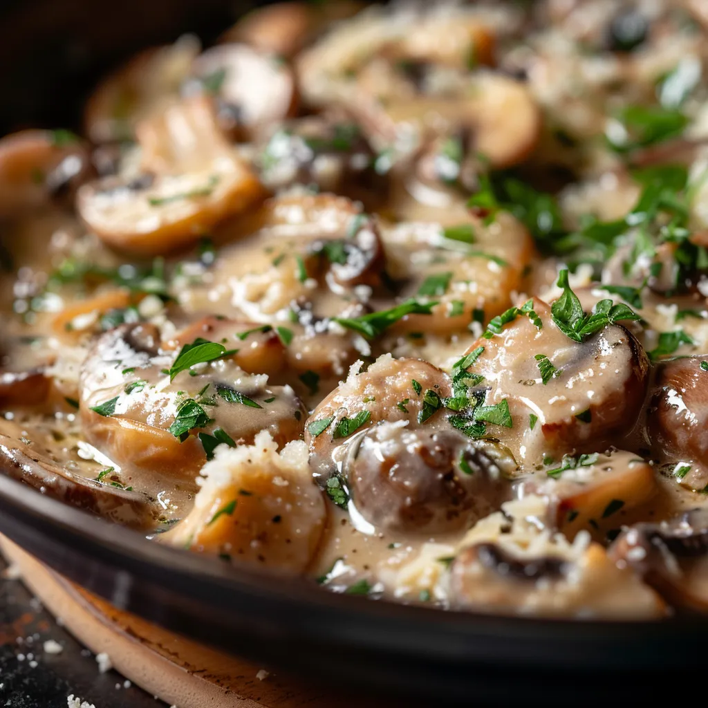 Delicious creamy garlic parmesan mushrooms served in a close-up shot with warm lighting and soft shadows.