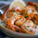 Juicy shrimp coated in rich lobster sauce on a plate.