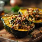 Close-up of a halved acorn squash filled with quinoa, kale, cranberries, and walnuts, under warm natural lighting.