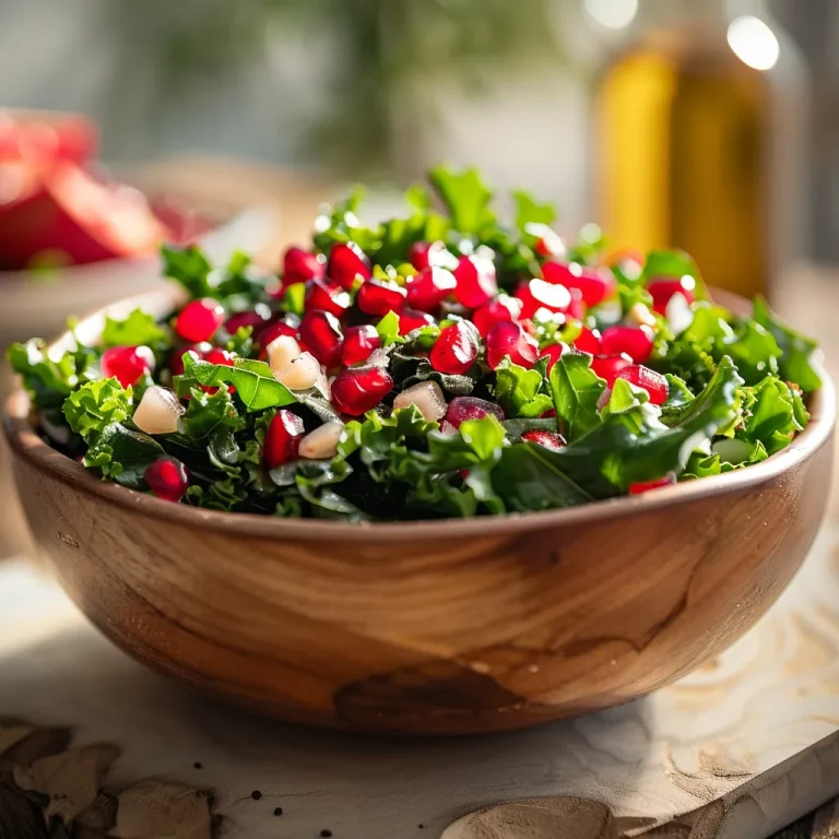 A close-up of a vibrant kale and pomegranate salad with visible seeds and greens.