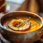 Close-up of a creamy orange pumpkin soup in a bowl with a warm background.