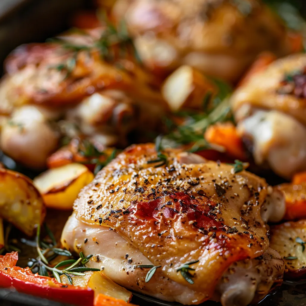 Juicy roasted garlic chicken thighs alongside colorful roasted vegetables on a rustic plate.