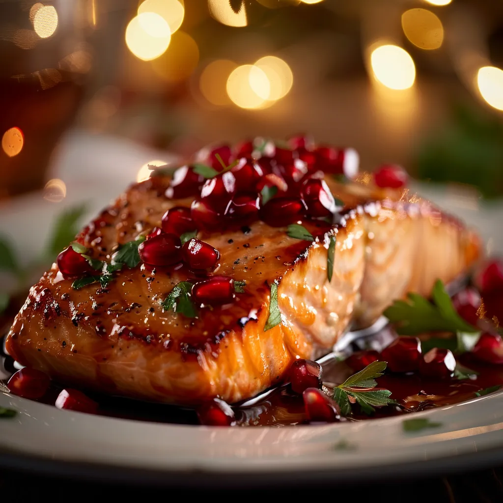 Close-up of a beautifully plated Christmas salmon with shiny pomegranate seeds and vibrant sauce.