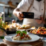 Close-up of a smartphone and augmented reality glasses on a table with blurred cozy background.