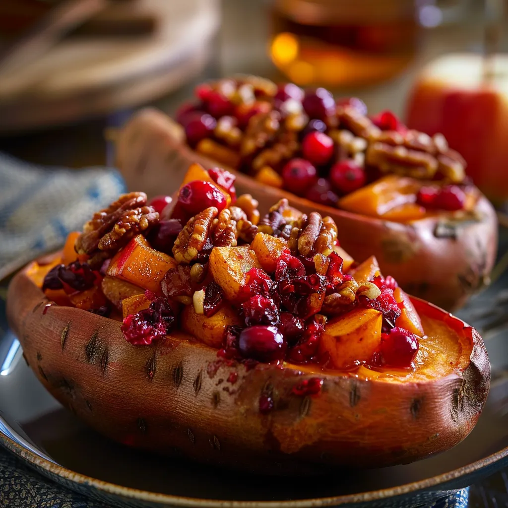 Close-up of baked sweet potatoes topped with cranberries, apples, and nuts, lit warmly from the side.