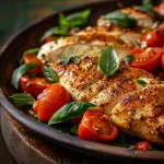 Close-up of a cooked chicken dish with cherry tomatoes, spinach, and melted cheese.
