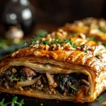 Close-up of a golden-brown Vegan Wellington on a plate, with a flaky pastry crust and detailed texture.