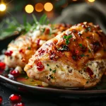Juicy stuffed chicken breast topped with cranberry sauce and melted cheese.