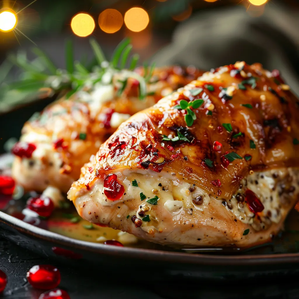 Juicy stuffed chicken breast topped with cranberry sauce and melted cheese.