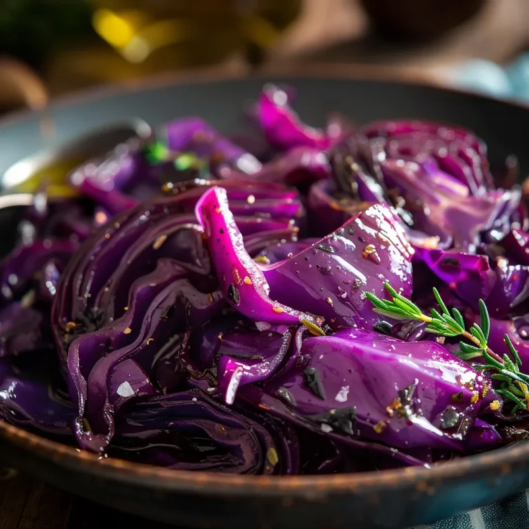 Close-up of roasted chopped red cabbage drizzled with olive oil, highlighting its vibrant color and texture.