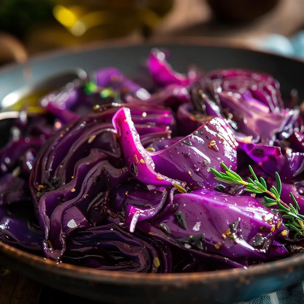 Close-up of roasted chopped red cabbage drizzled with olive oil, highlighting its vibrant color and texture.