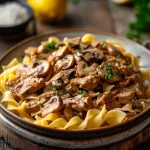 Close-up of Mushroom and Seitan Stroganoff with creamy sauce and pasta.