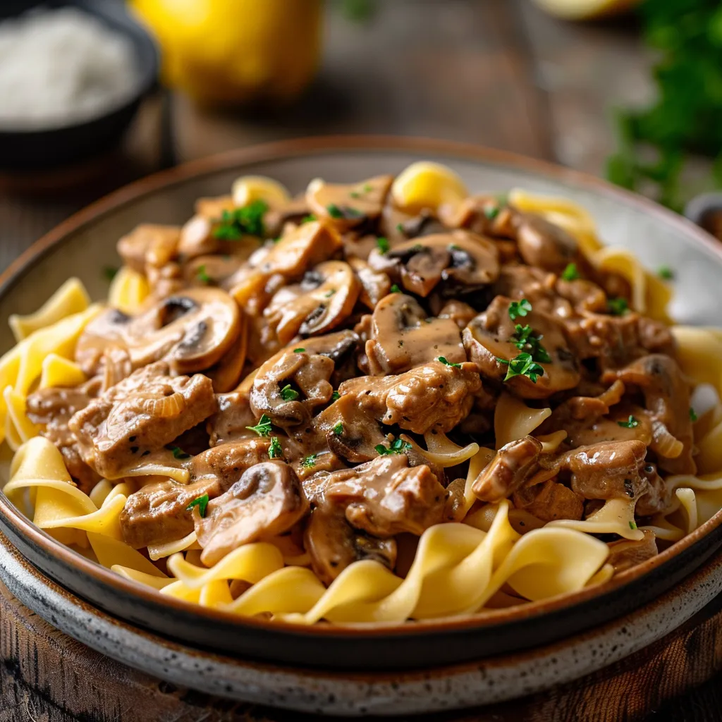 Close-up of Mushroom and Seitan Stroganoff with creamy sauce and pasta.