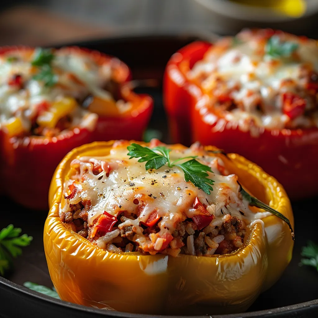 Close-up of stuffed bell peppers filled with ground turkey and rice, topped with melted cheese.