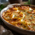 Sliced scalloped potatoes layered with melted cheese on a plate.