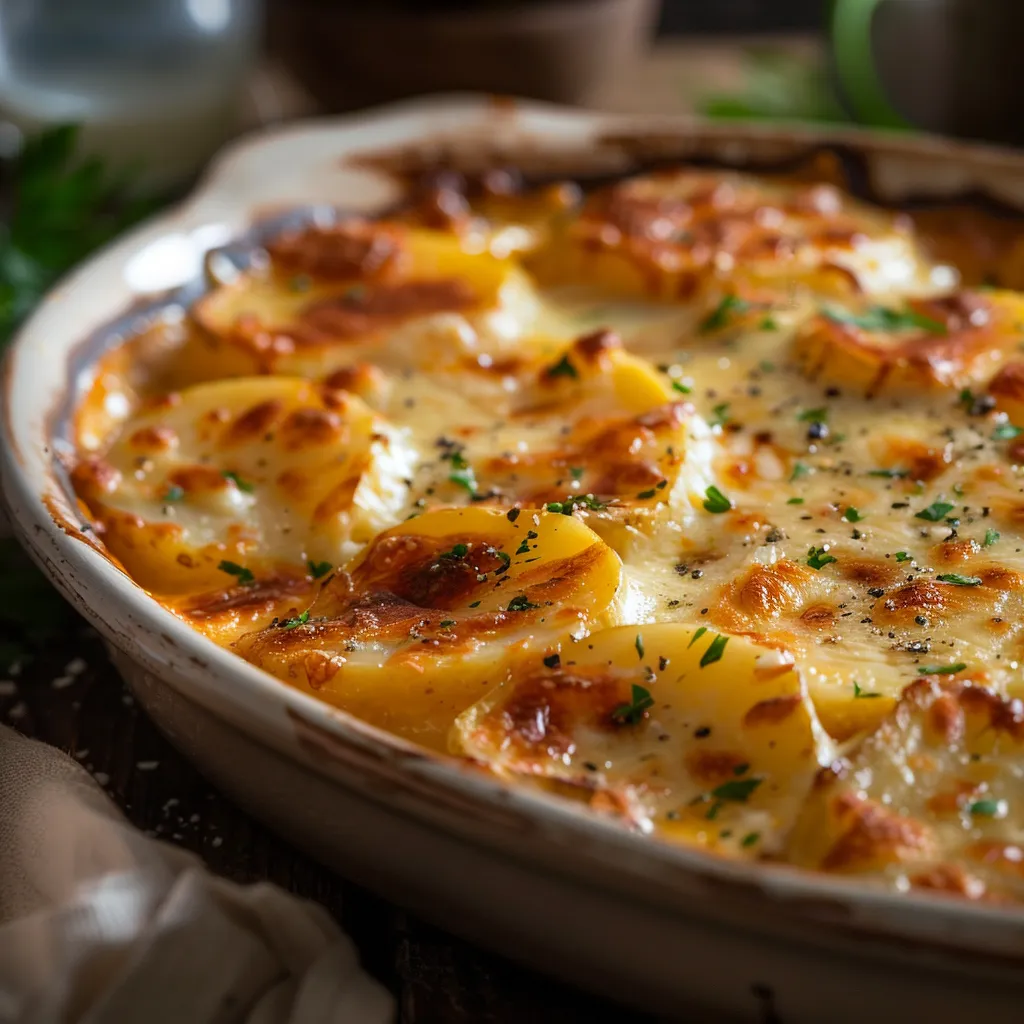 Sliced scalloped potatoes layered with melted cheese on a plate.