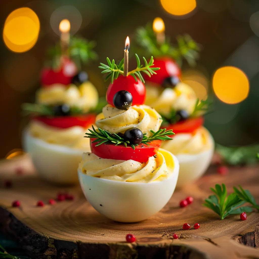 Close-up of a Christmas tree-shaped platter of decorated deviled eggs with festive toppings.
