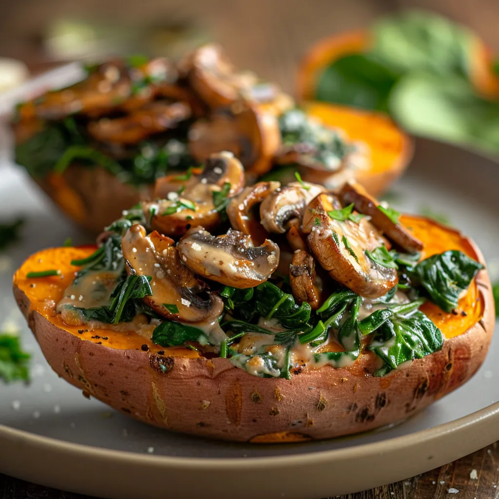Close-up of a baked sweet potato half filled with creamy mushroom and spinach mixture.