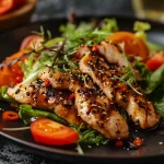 Close-up of healthy, colorful food ingredients arranged beautifully on a plate.
