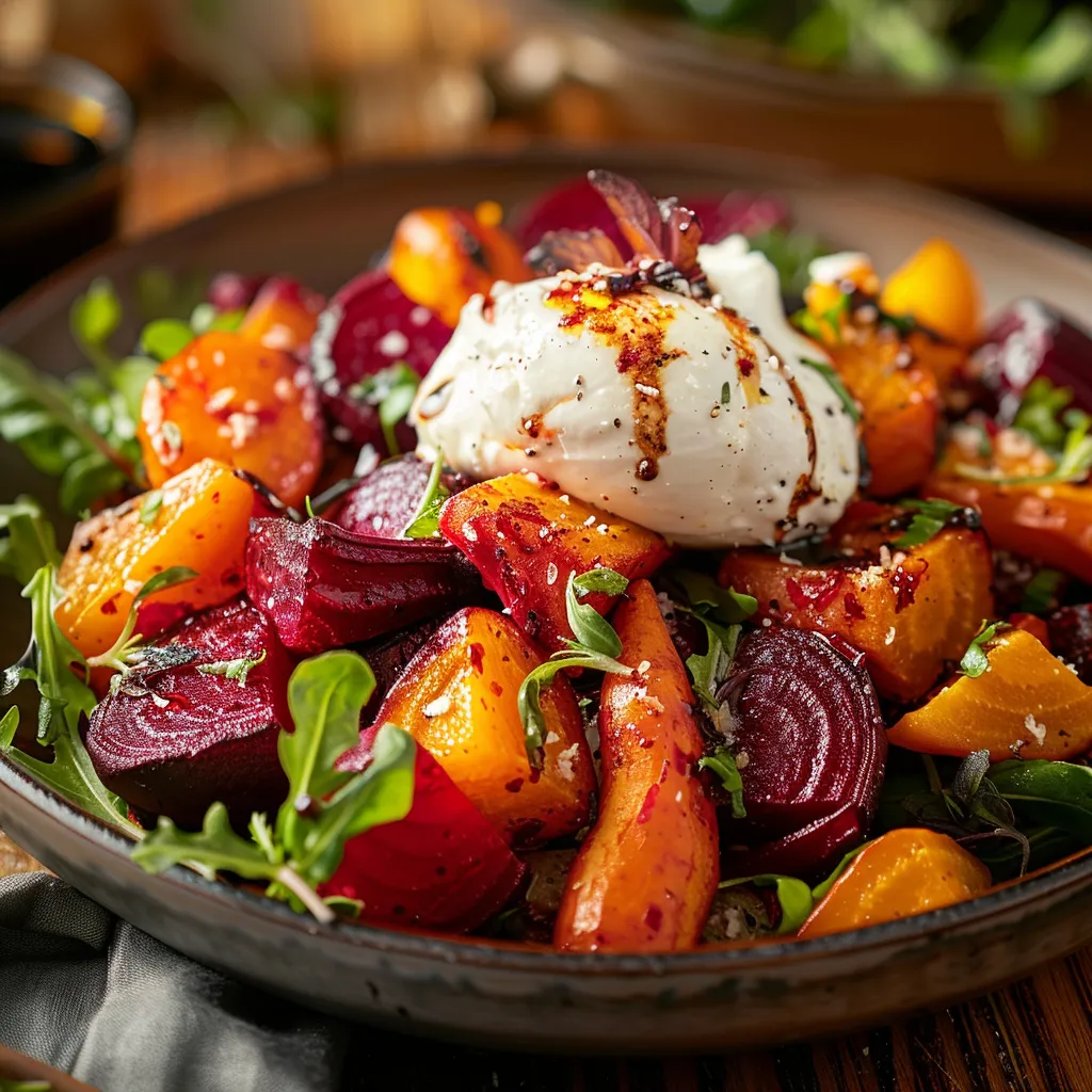 Close-up of a roasted beet and carrot salad with burrata on a plate, garnished with herbs.