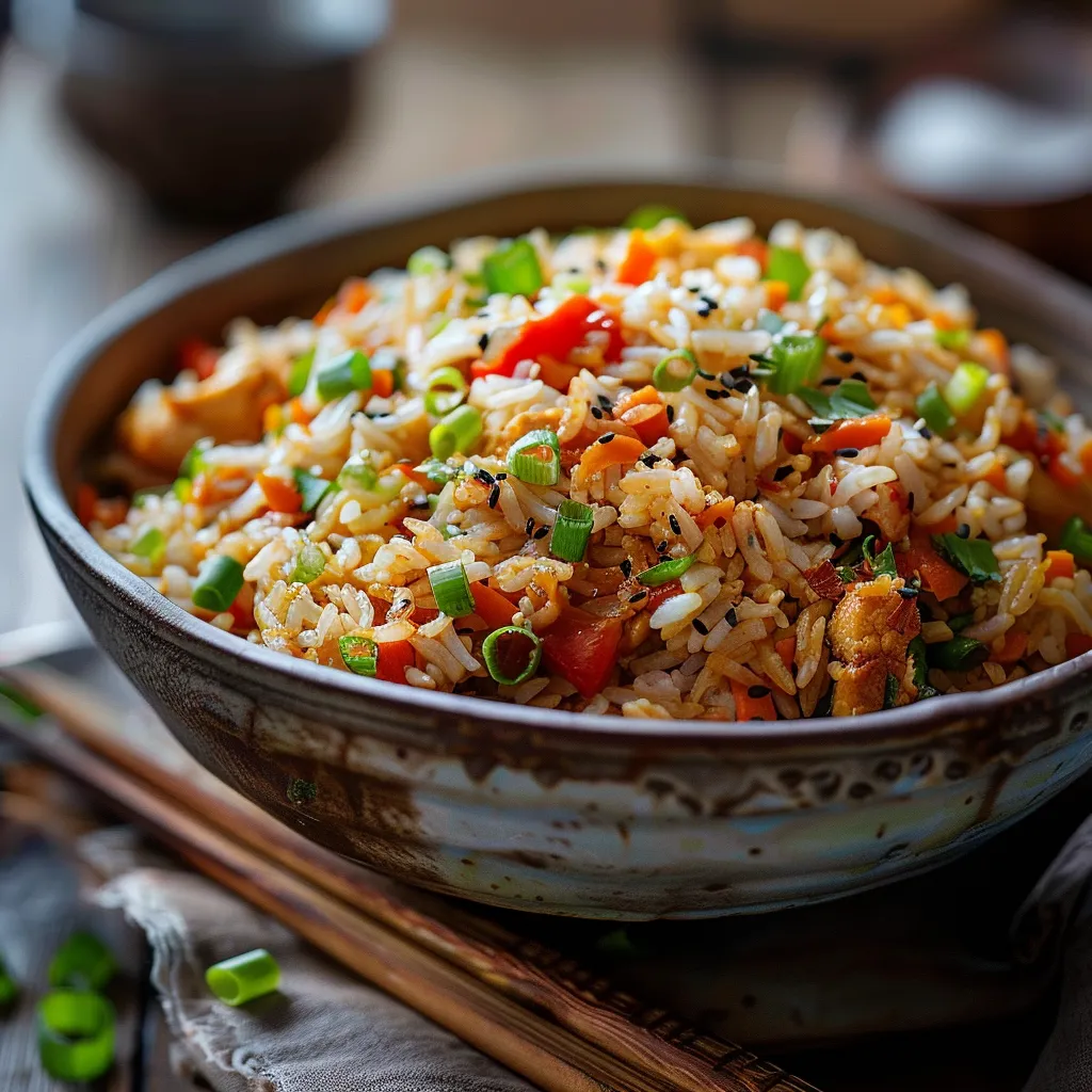 Close-up of a spicy rice bowl with vegetables, chicken, and garnishes, illuminated by warm natural light.