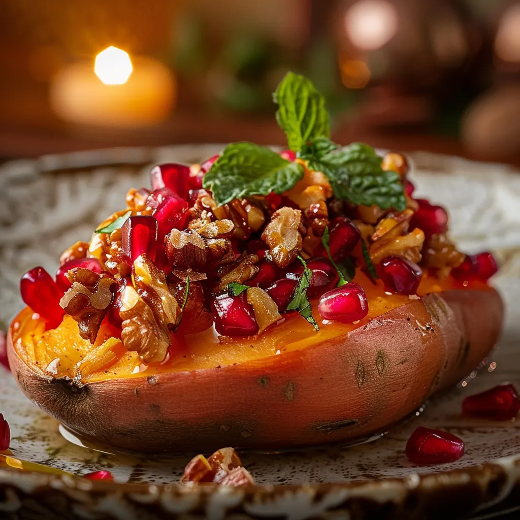 Close-up of a sweet potato dish topped with pomegranate seeds and a drizzle of honey, with warm lighting highlighting textures.