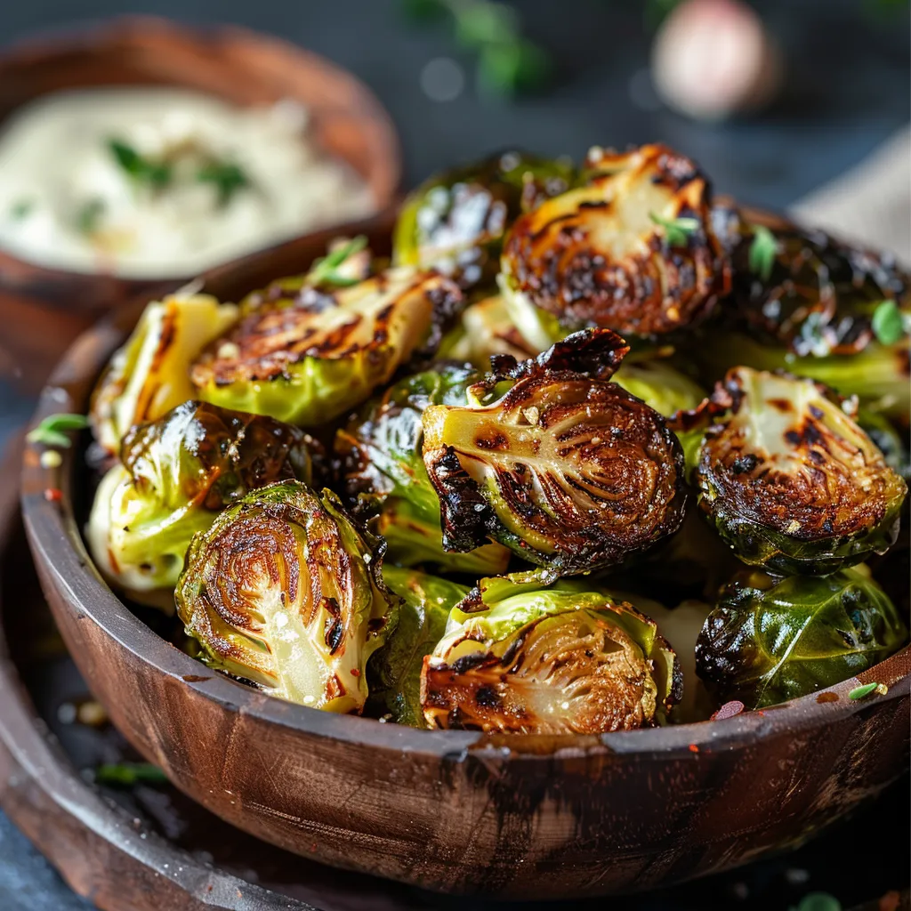 Crispy Brussels Sprouts with a dollop of Dijon Aioli on a plate, with soft natural lighting highlighting their texture.