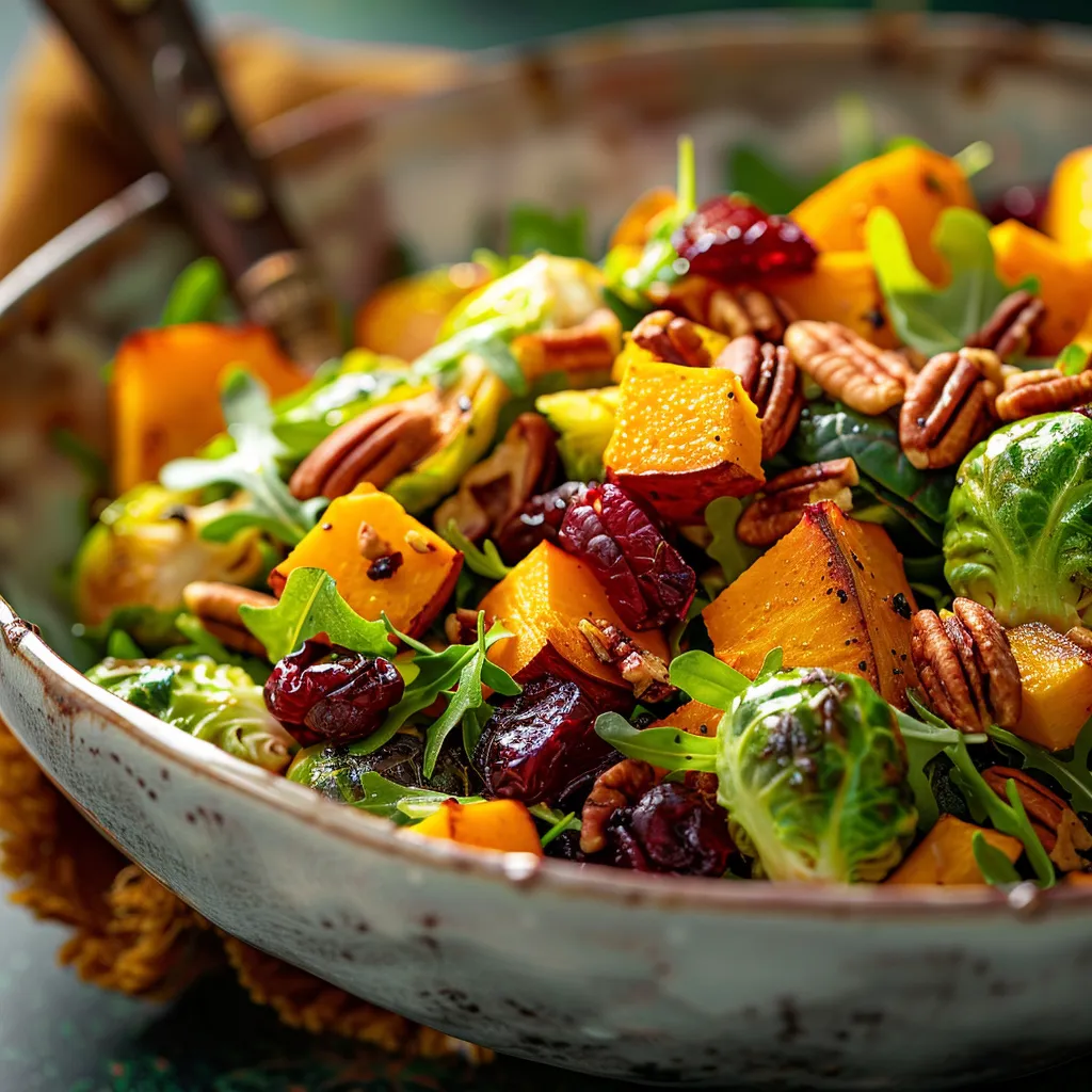 Colorful autumn salad with Brussels sprouts, cranberries, pecans, beets, and butternut squash.