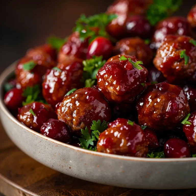 Close-up of glossy meatballs coated in cranberry sauce on a plate.