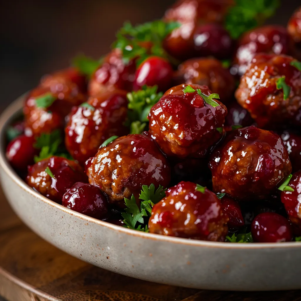 Close-up of glossy meatballs coated in cranberry sauce on a plate.