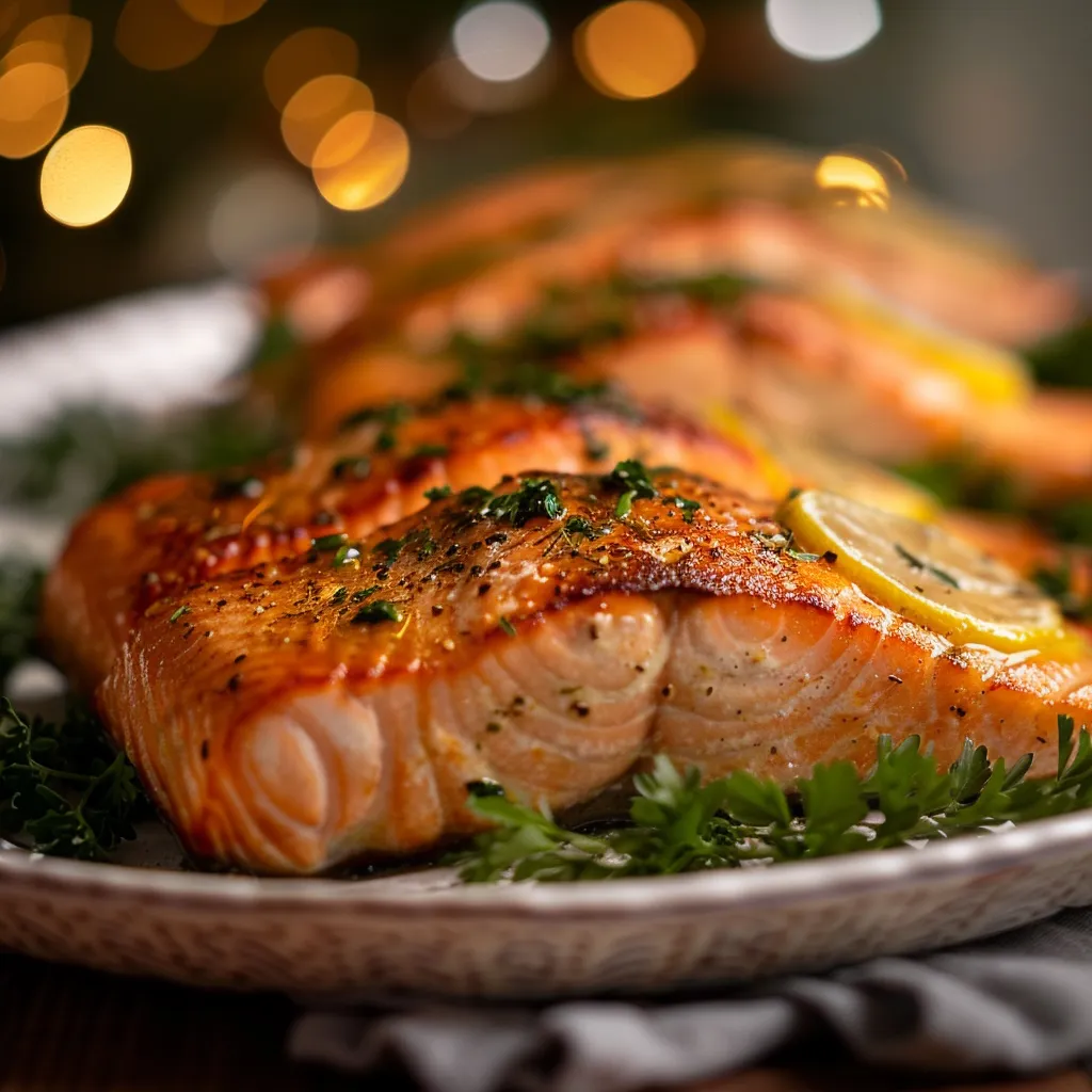Fresh Christmas salmon fillets garnished with lemon slices and parsley.