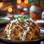 Whole roasted cauliflower drizzled with creamy tahini sauce on a rustic plate.