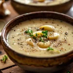 Close-up of a bowl of creamy roasted garlic soup with visible garlic and herbs.