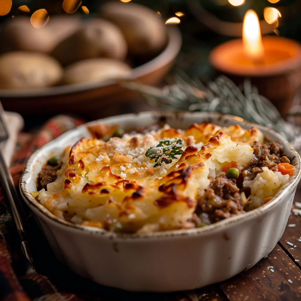 Close-up of a cozy shepherd's pie topped with melted cheese, served on a plate with warm lighting.