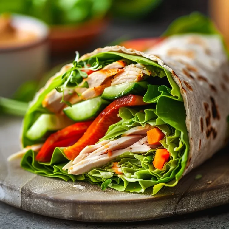 Close-up of a healthy wrap with fresh vegetables and lean protein.