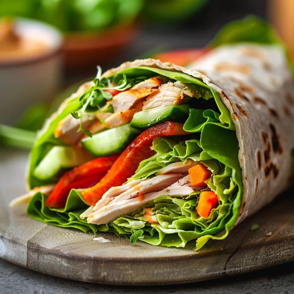 Close-up of a healthy wrap with fresh vegetables and lean protein.